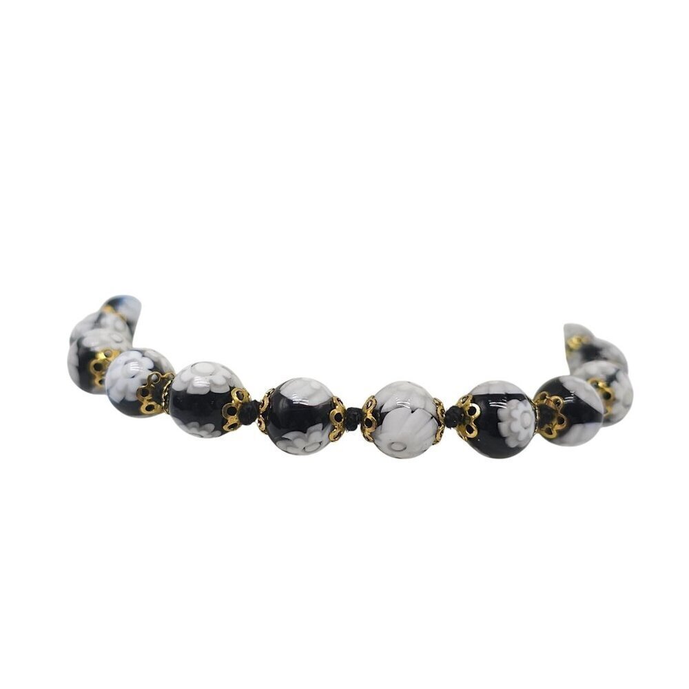 Murano Glass Black White Floral Beaded Bracelet Lobster Clasp 7.5 Inches